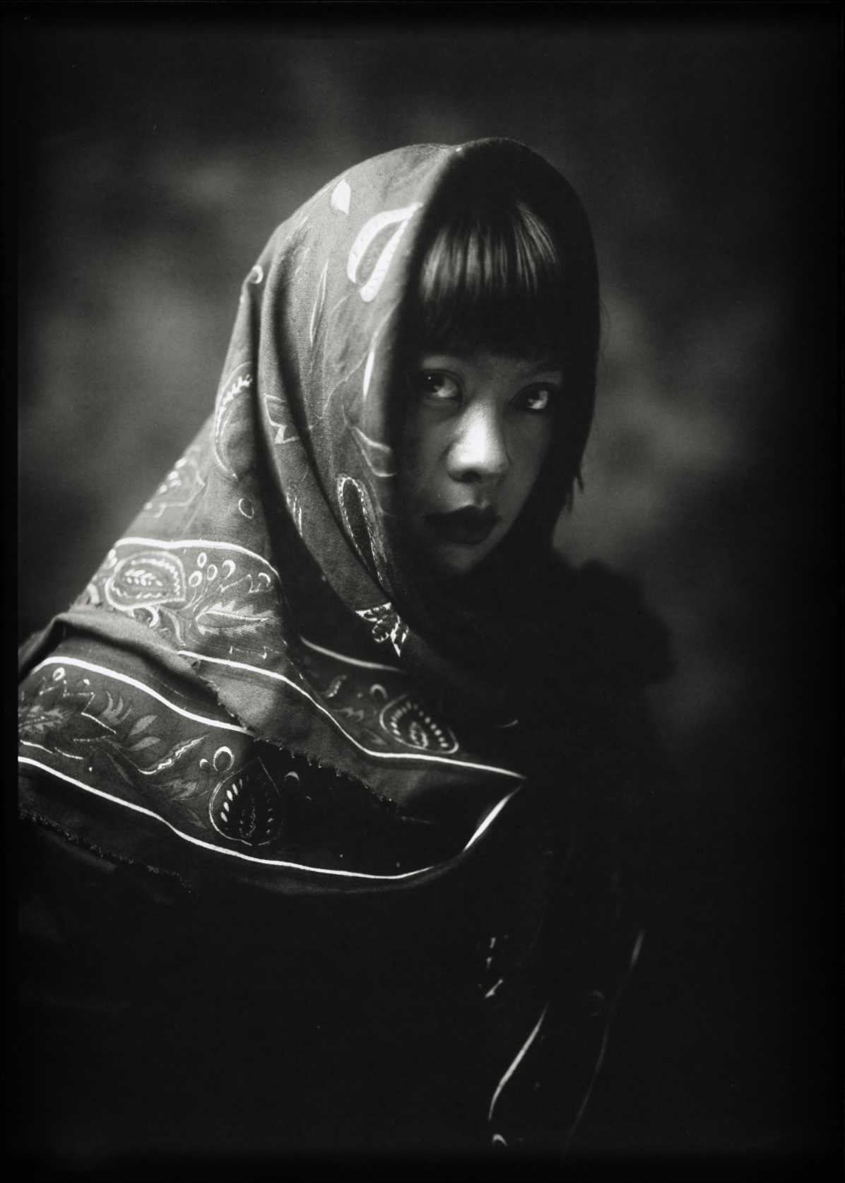 Black and white 5×7 large format portrait of a woman in a patterned headscarf, hand-developed at ODS Film Lab in La Trinidad, Benguet