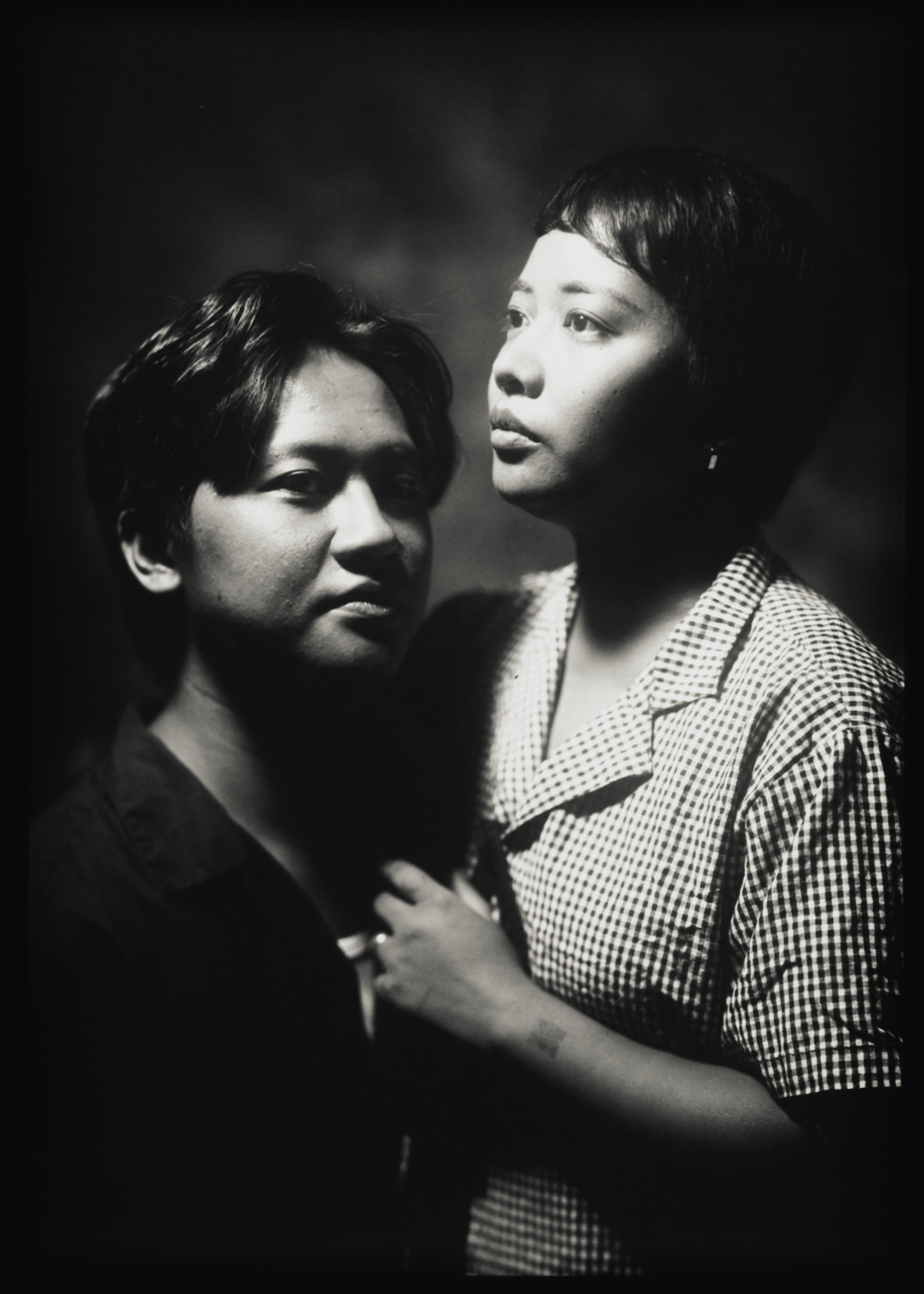 Black and white 5×7 large format portrait of a couple, one in a checked shirt, hand-developed in the ODS Film Lab darkroom